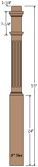 4491F Craftsman Fluted Newel with 5" Pedistel